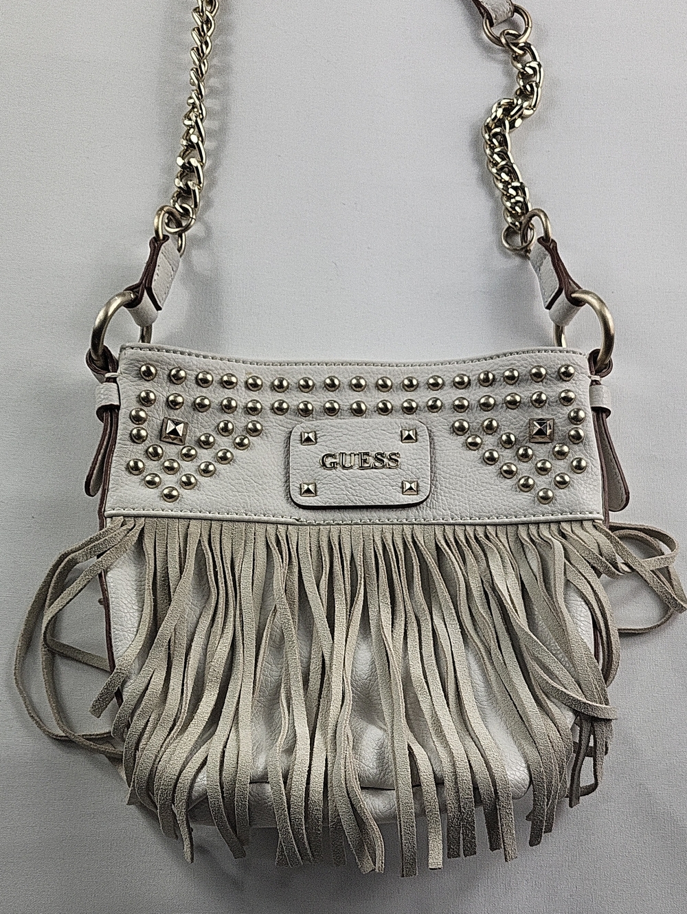 Vintage GUESS Cream Studded Fringe Leather Shoulder Bag Y2K Boho Purse